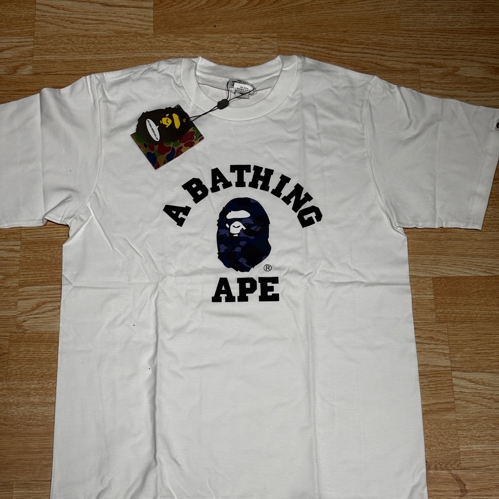 Bape White Short Sleeve Tee with Black and Blue Logo